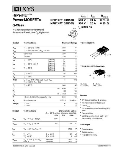 IXYS IXFH/IXFT 24N50Q & 26N50Q Datasheet - cover page