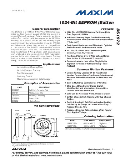 Maxim DS1972 1-Wire EEPROM iButton Datasheet - cover page