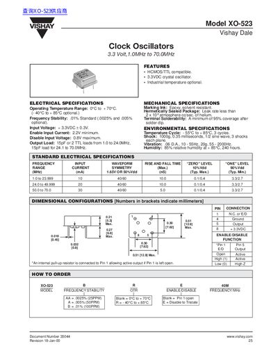 Vishay XO-523 3.3 Volt Crystal Oscillator Datasheet - cover page