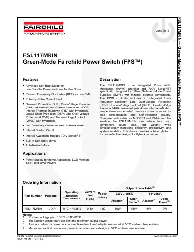 Fairchild Semiconductor FSL117MRIN PWM Controller Datasheet - cover page