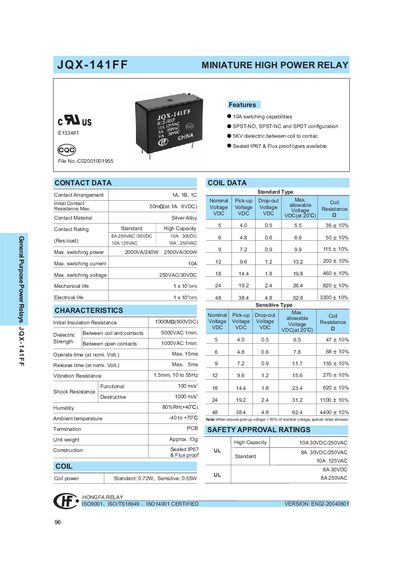 Hongfa JQX-141FF Miniature High Power Relay Datasheet - cover page