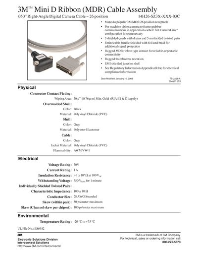 3M 14H26-SZ3X-XXX-03C Mini D Ribbon (MDR) Cable Assembly Datasheet - cover page