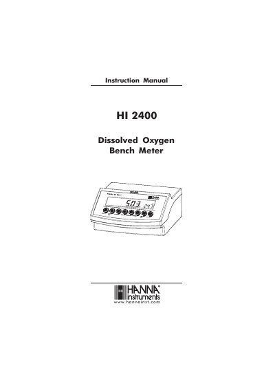 Hanna Instruments HI 2400 Dissolved Oxygen Bench Meter Instruction Manual - cover page
