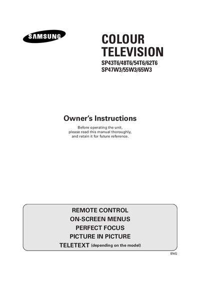 Samsung SP43T6/48T6/54T6/62T6 SP47W3/55W3/65W3 Television User Manual - cover page