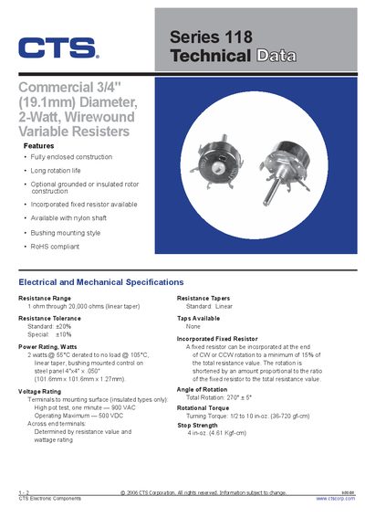 CTS 118 Series Datasheet - cover page