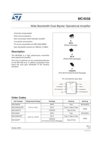 STMicroelectronics MC4558 Wide Bandwidth Dual Bipolar Operational Amplifier Datasheet - cover page
