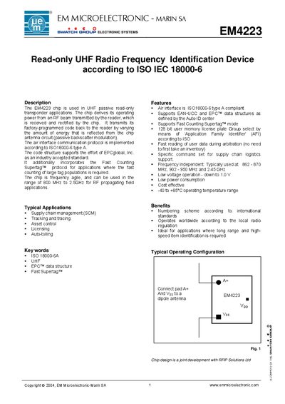 EM EM4223 Read-only UHF RFID Device Datasheet - cover page