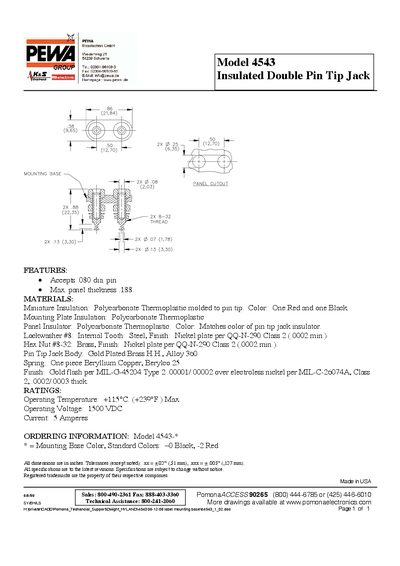 Pomona 4543 Insulated Double Pin Tip Jack Datasheet - cover page