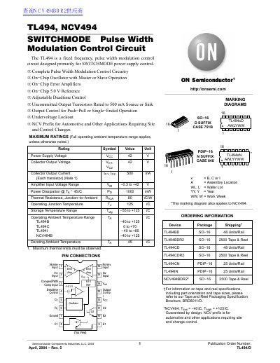 ON Semiconductor TL494/NCV494 Switchmode Pulse Width Modulation Control Circuit Datasheet