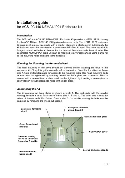 Installation guide for ACS100/140 NEMA1/IP21 Enclosure Kit Manual - cover page