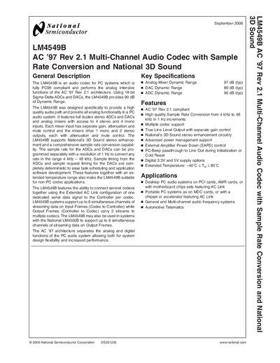 National Semiconductor LM4549B Audio Codec Datasheet - cover page