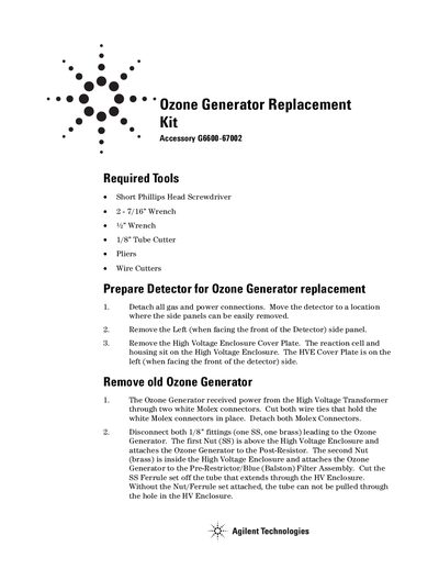 Agilent G6600-67002 Ozone Generator Replacement Kit Service Manual - cover page