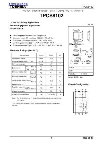 Toshiba TPCS8102 P-Channel MOSFET Datasheet - cover page