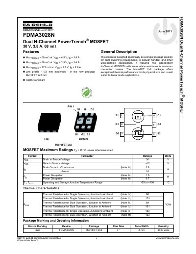 Fairchild FDMA3028N Dual N-Channel MOSFET Datasheet - cover page