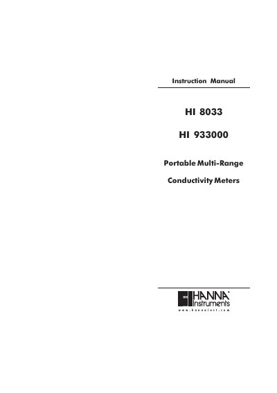 Hanna Instruments HI 8033/HI 933000 Portable Multi-Range Conductivity Meters Instruction Manual - cover page