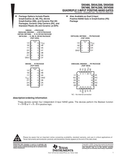 Texas Instruments SN5400 / SN54LS00 / SN54S00 / SN7400 / SN74LS00 / SN74S00 Datasheet - cover page