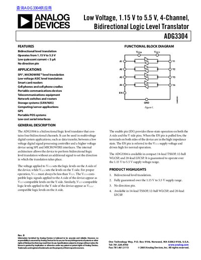 ANALOG DEVICES Low Voltage 1.15 V to 5.5 V 4-Channel Bidirectional Logic Level Translator ADG3304 handbook