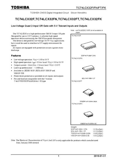 TOSHIBA TC74LCX32F TC74LCX32FN TC74LCX32FT TC74LCX32FK Manual - cover page