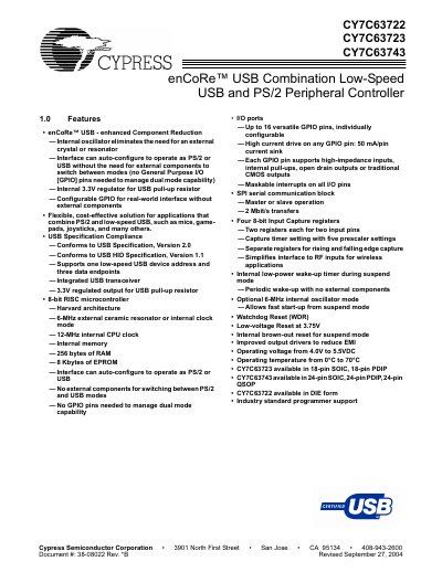 Cypress enCoRe USB & PS/2 Peripheral Controller CY7C63722/23/43 Datasheet - cover page