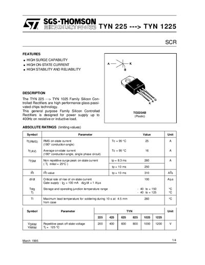 SGS-THOMSON TYN 225 to TYN 1225 SCR Datasheet - cover page