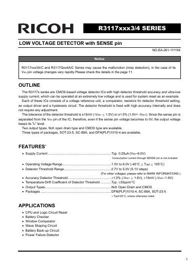 Ricoh R3117xxx3/4 Series Low Voltage Detector Datasheet - cover page