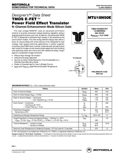 Motorola MTU18N50E Power MOSFET Datasheet - cover page
