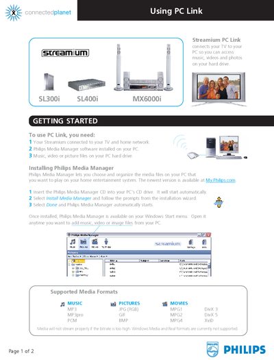 Philips Streamium PC Link User Manual for SL300i, SL400i, MX6000i