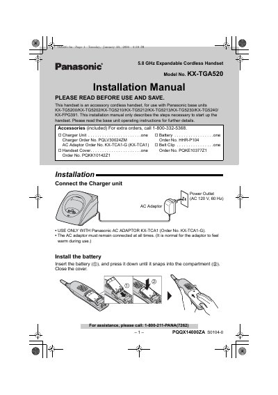 Panasonic KX-TGA520 Cordless Handset Installation Manual - cover page