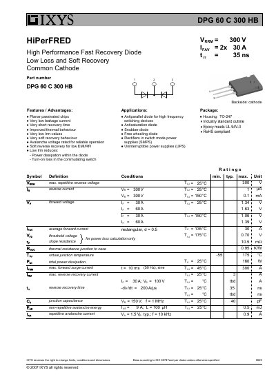 IXYS DPG 60 C 300 HB Fast Recovery Diode Datasheet - cover page
