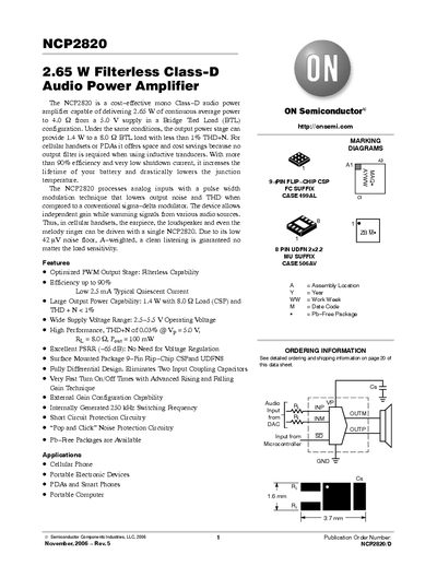 ON Semiconductor NCP2820 2.65 W Filterless Class‑D Audio Power Amplifier Datasheet - cover page