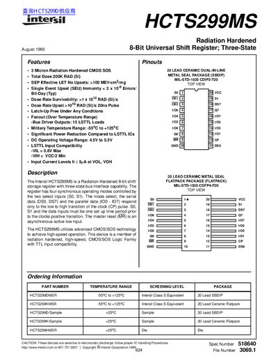 Intersil HCTS299MS Radiation Hardened 8-Bit Universal Shift Register Datasheet - cover page