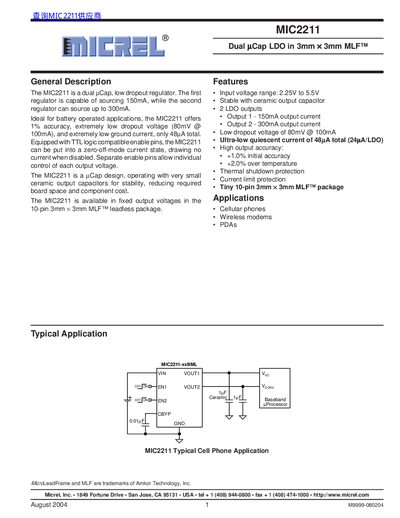 Micrel MIC2211 Dual pCap LDO Datasheet - cover page