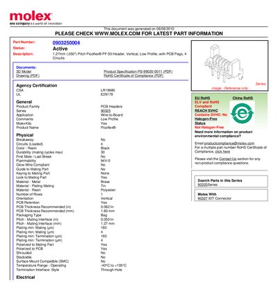 Molex 0903250004 Picoflex PF-50 Header Product Specification - cover page