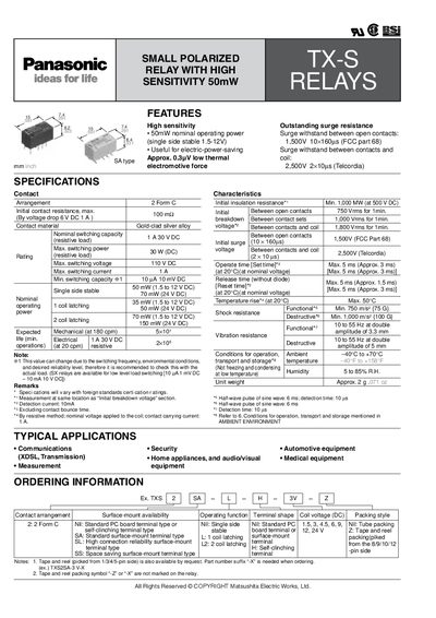 Panasonic TX-S Relay Datasheet - cover page