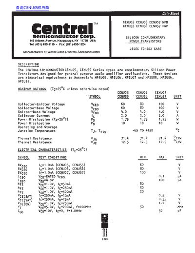 Central Semiconductor CENU05/CENU55 Series NPN Power Transistor Datasheet - cover page