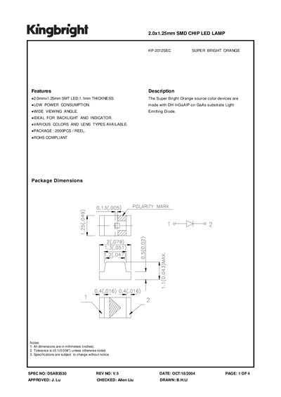 KINGBRIGHT - SPEC NO: DSAB3530 REV NO: V.5 2.0x1.25mm SMD CHIP LED LAMP handbook - cover page