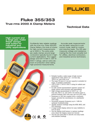 Fluke 355/353 Clamp Meter Datasheet - cover page