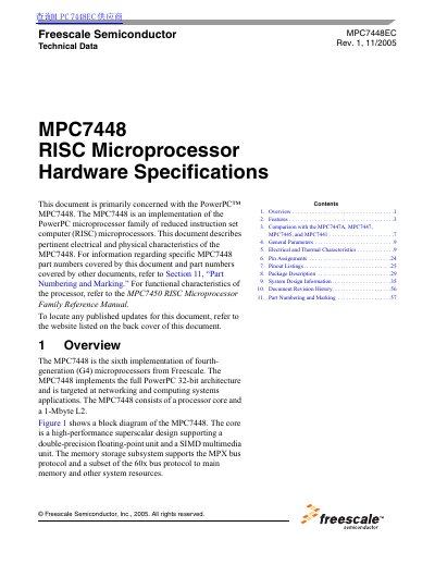 Freescale MPC7448 RISC Microprocessor Hardware Specifications - cover page