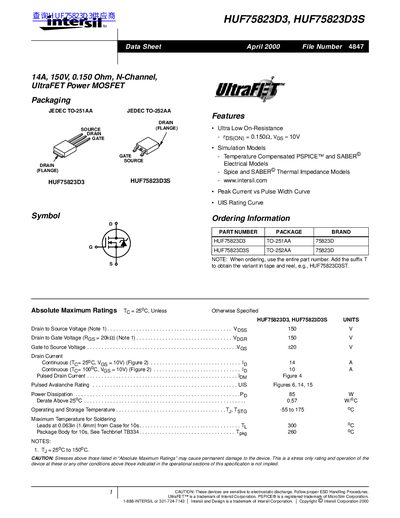 Intersil HUF75823D3/HUF75823D3S UltraFET Power MOSFET Datasheet - cover page