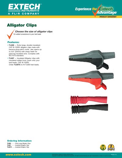 EXTECH TL806/TL807 Alligator Clips Product Datasheet - cover page
