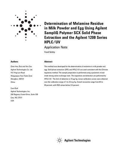Agilent 1200 Series HPLC/UV Melamine Determination Application Note - cover page