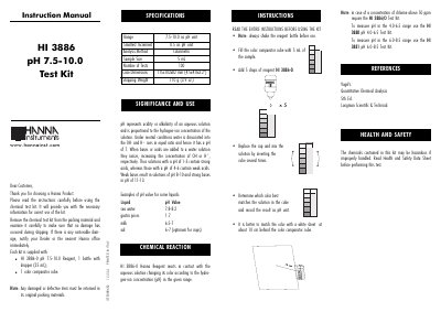 HANNA HI 3886 pH 7.5-10.0 Test Kit Instruction Manual - cover page