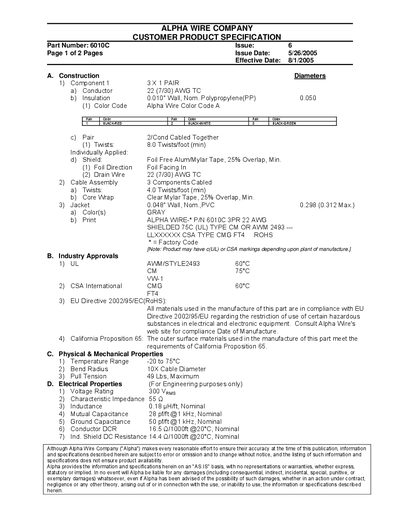 Alpha Wire 6010C Power Inductor Product Specification - cover page
