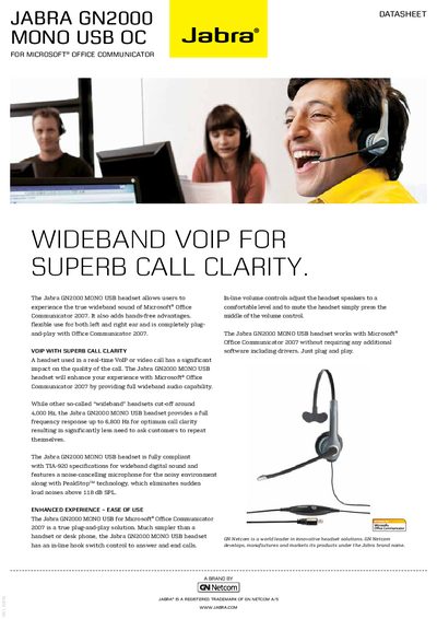 Jabra GN2000 Mono USB Headset Datasheet - cover page