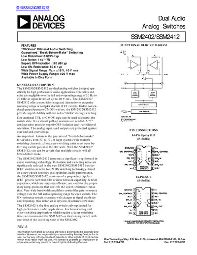 Analog Devices SSM2402/SSM2412 Dual Audio Analog Switches Datasheet