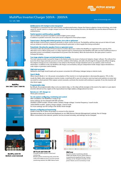 Victron Energy MultiPlus 500VA‑2000VA Inverter/Charger Product Data Sheet - cover page