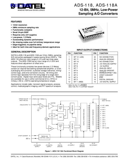 DATEL ADS-118 ADS-118A DATA SHEET - cover page