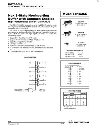 Motorola MC54/74HC365 Hex Buffer Datasheet - cover page