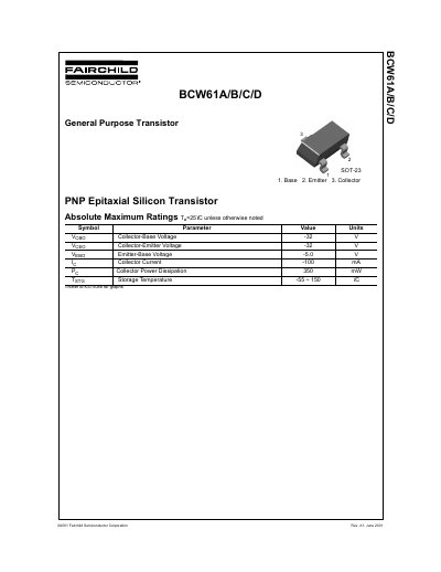 Fairchild BCW61A/B/C/D PNP Epitaxial Silicon Transistor Datasheet - cover page