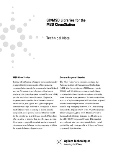 Agilent MSD ChemStation Mass Spectra Libraries Technical Note - cover page